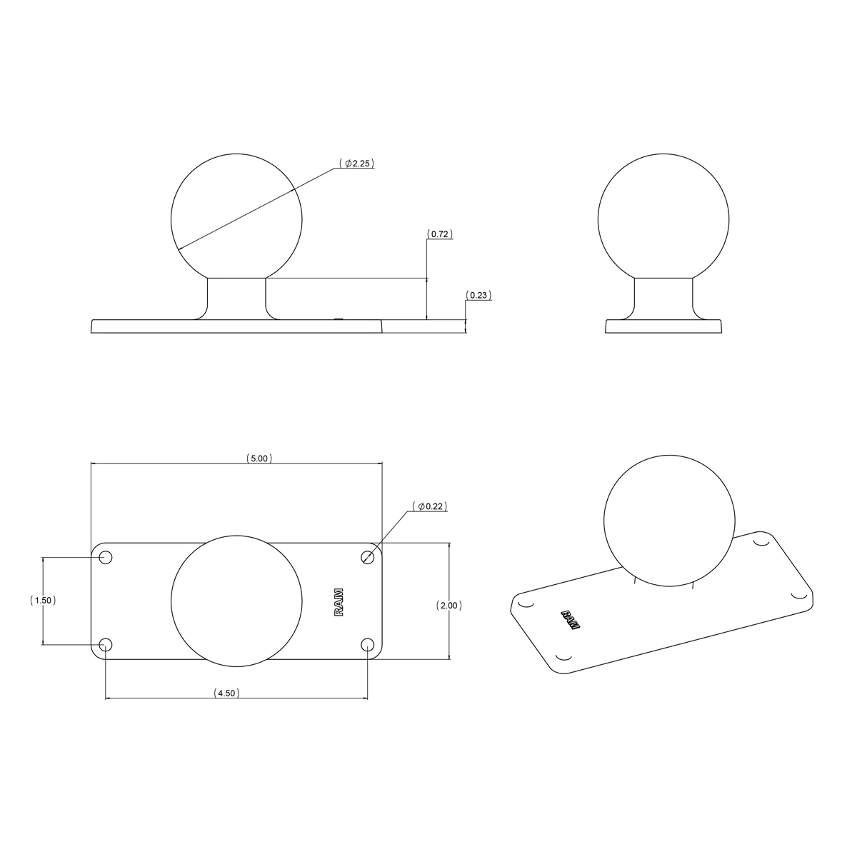 RAM-D-202U-25 - RAM Mounts Ball Base with 1.5" x 4.5" 4-Hole Pattern for Helix 8-9-10-12 – Image 3