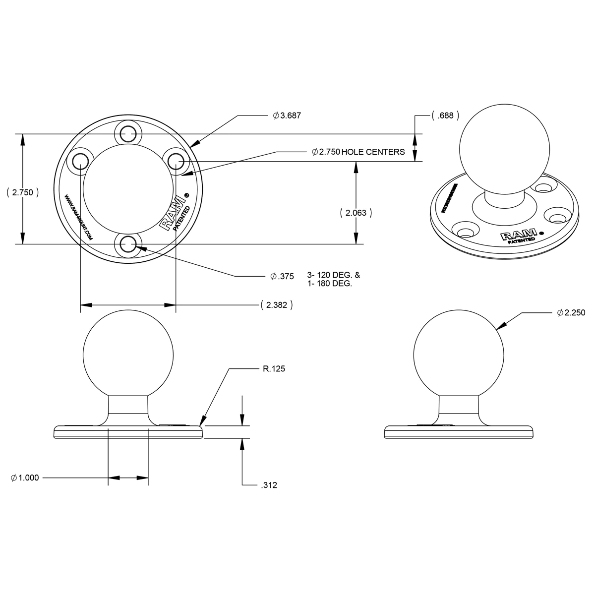 RAM-D-202U - RAM Mount 3.68" Diameter Base with 2.25" D Size Ball – Image 2